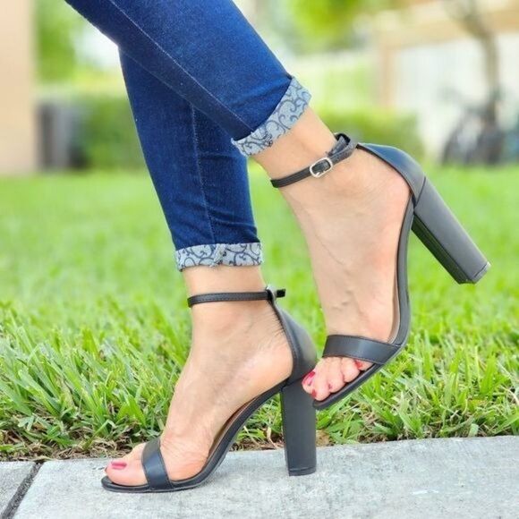 Shoes - Women’s Black Faux Leather Dress Sandals Ankle Strap Block Heel Open Toe